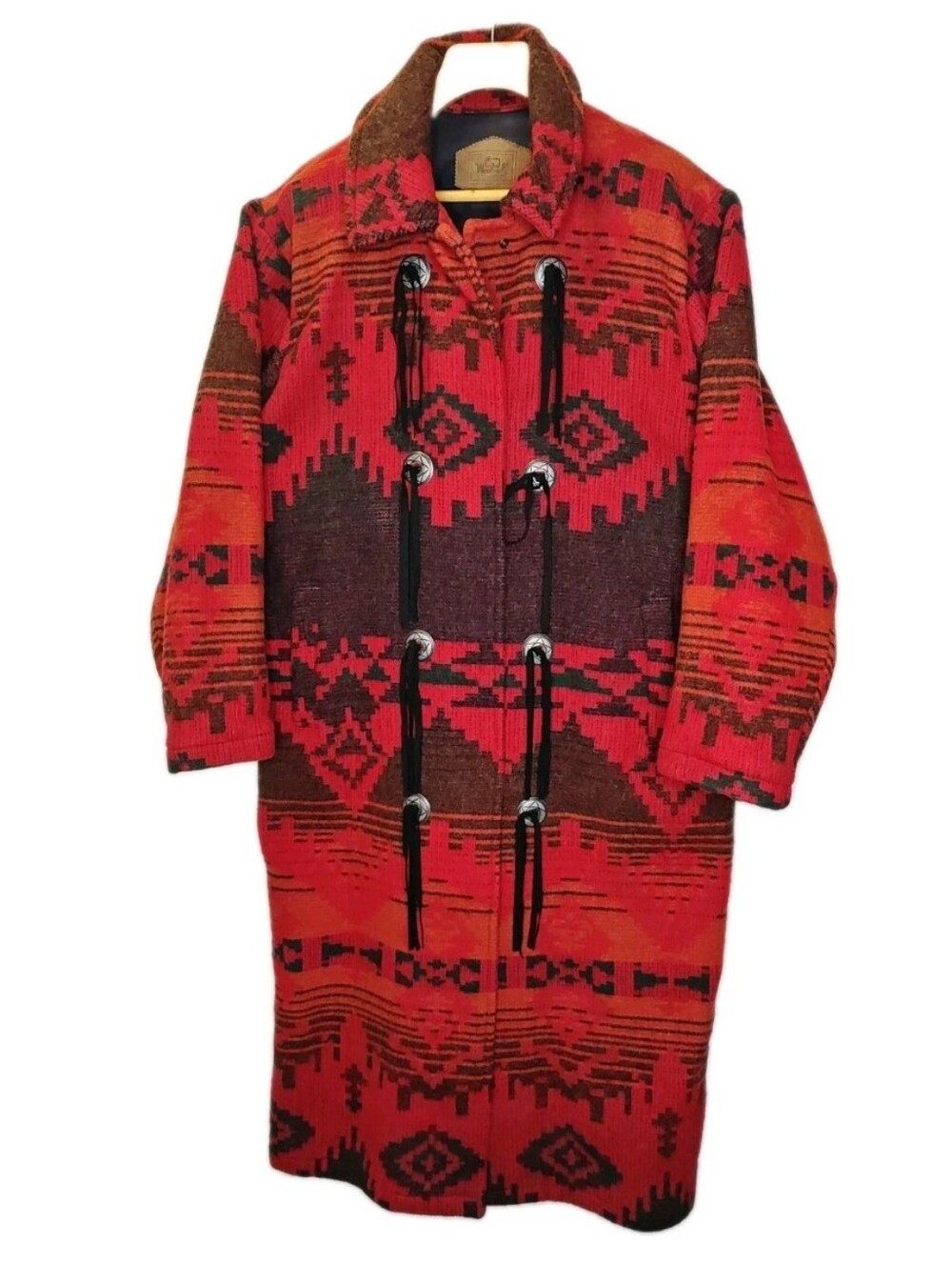 Vintage Woolrich Woman L Fringed Wool Navajo Blanket Duster Jacket Red Southwest